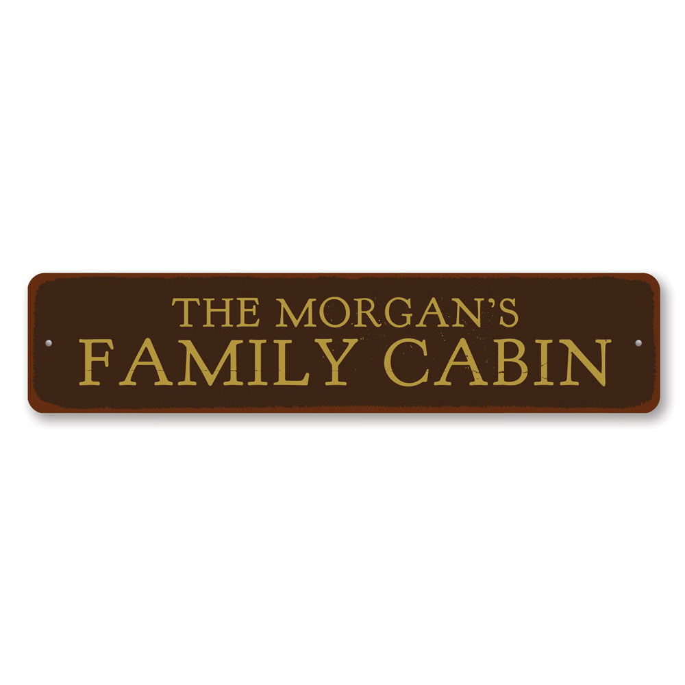 Personalized Family Name Cabin Sign made of durable aluminum, featuring custom text and pre-drilled holes for easy mounting.