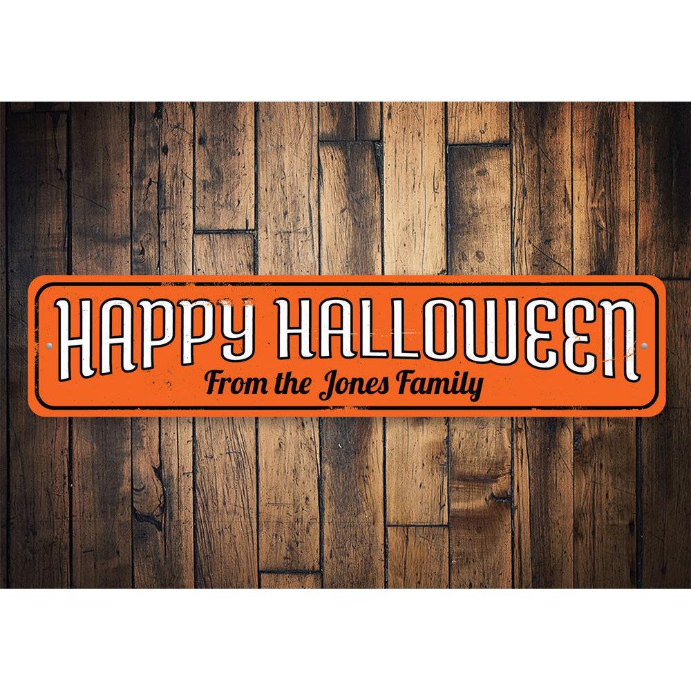 A personalized Family Name Happy Halloween Sign made of high-quality aluminum, featuring spooky Halloween-themed designs.