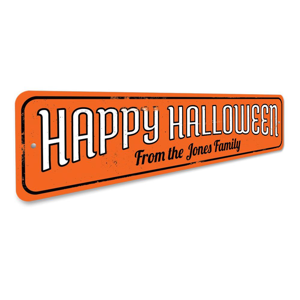 A personalized Family Name Happy Halloween Sign made of high-quality aluminum, featuring spooky Halloween-themed designs.