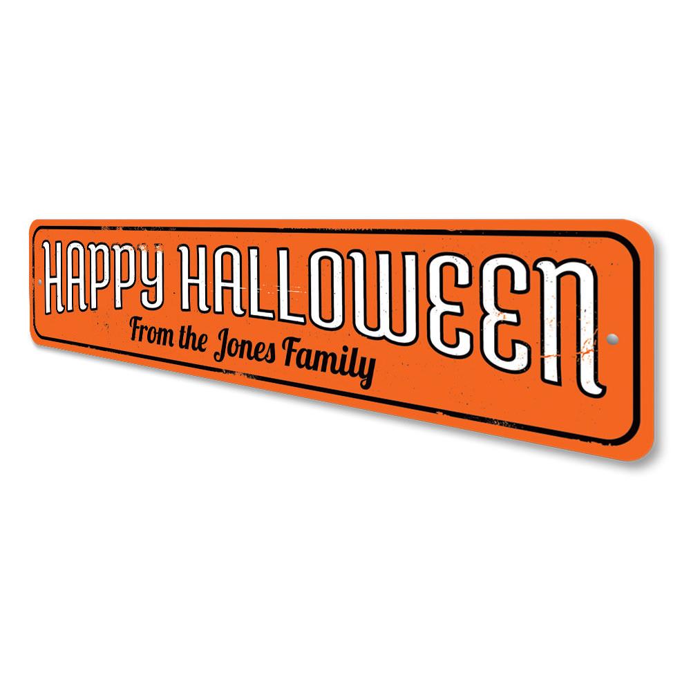 A personalized Family Name Happy Halloween Sign made of high-quality aluminum, featuring spooky Halloween-themed designs.