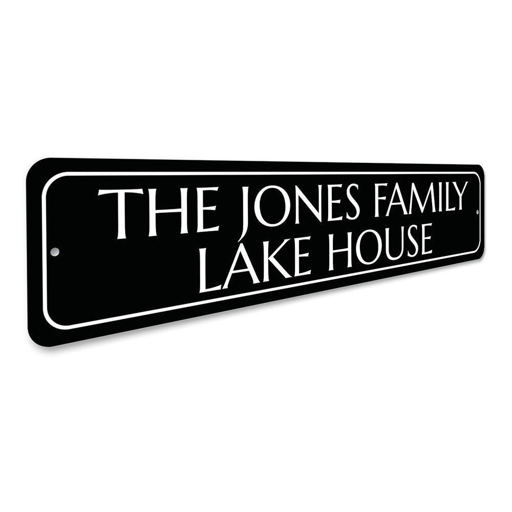 Personalized Family Name Lake House Sign made of durable aluminum, showcasing a custom name with a scenic lake background.