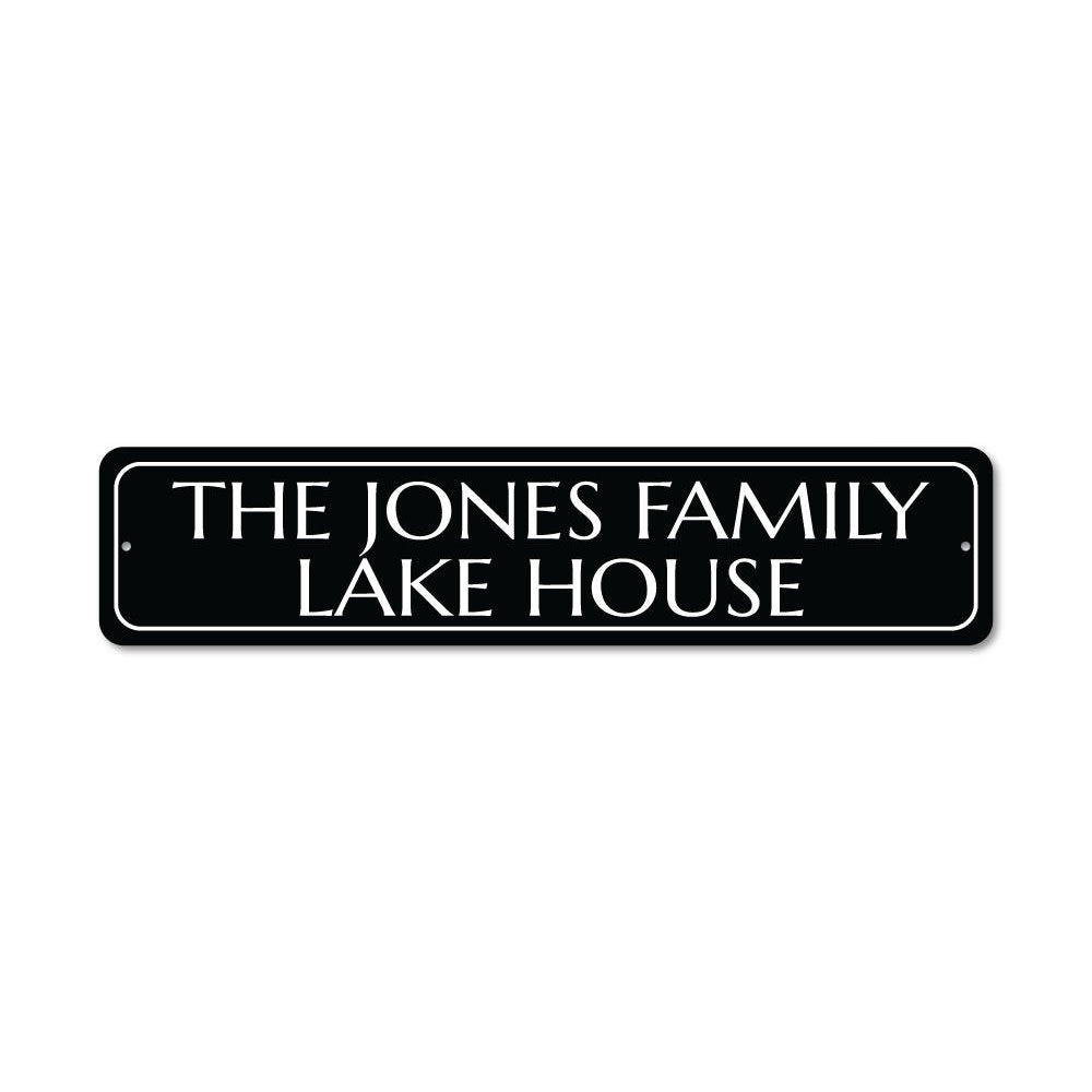 Personalized Family Name Lake House Sign made of durable aluminum, showcasing a custom name with a scenic lake background.