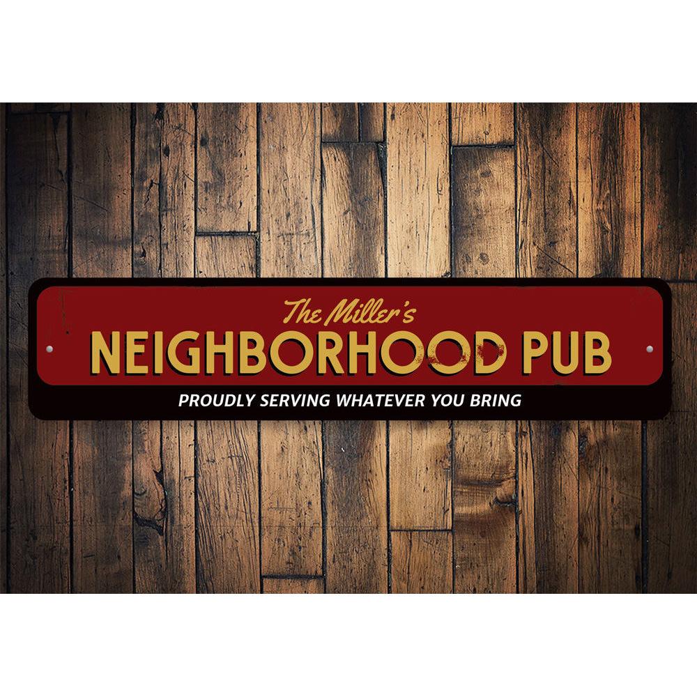 A decorative Family Neighborhood Pub Sign made of high-quality aluminum, featuring customizable text and a charming design, perfect for home decor.