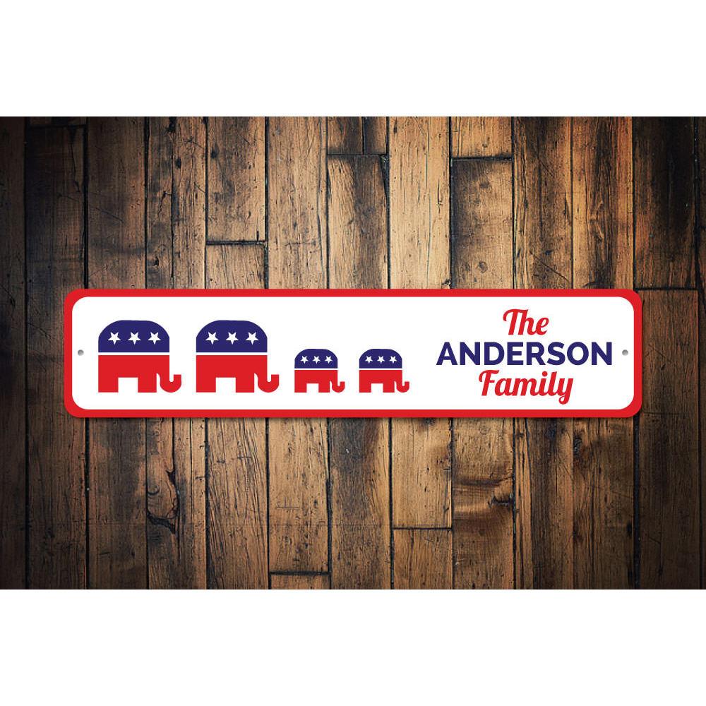 A high-quality Family Republican Political Sign made of aluminum, featuring customizable text and pre-drilled holes for easy mounting, showcasing patriotic colors.