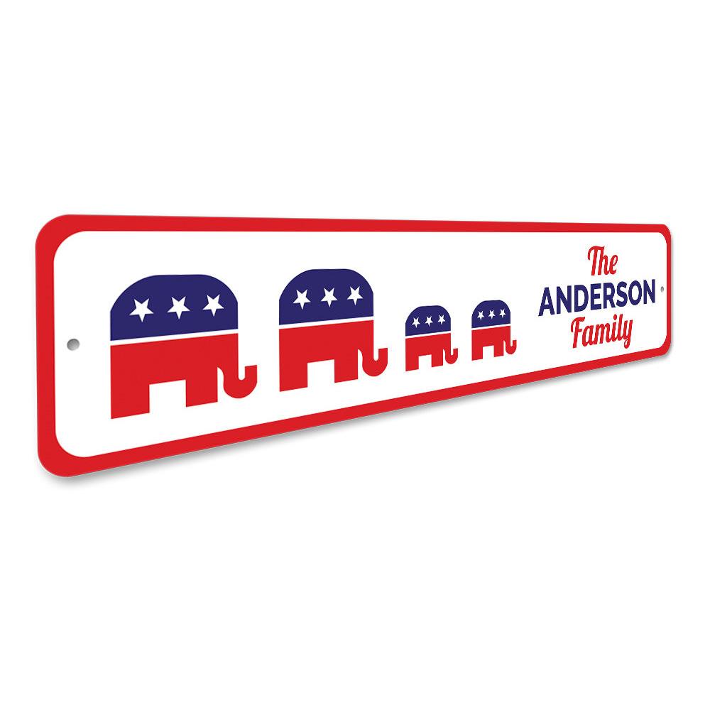 A high-quality Family Republican Political Sign made of aluminum, featuring customizable text and pre-drilled holes for easy mounting, showcasing patriotic colors.