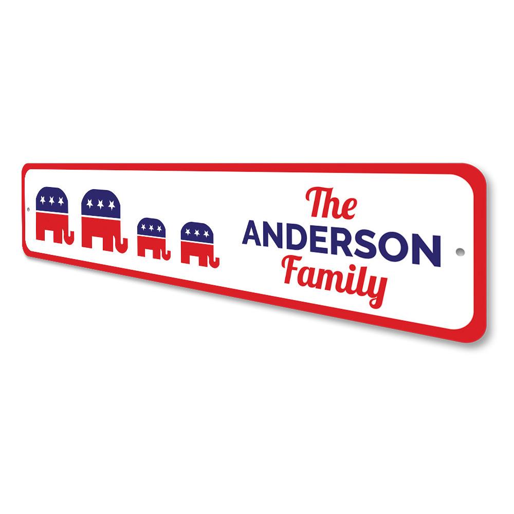 A high-quality Family Republican Political Sign made of aluminum, featuring customizable text and pre-drilled holes for easy mounting, showcasing patriotic colors.