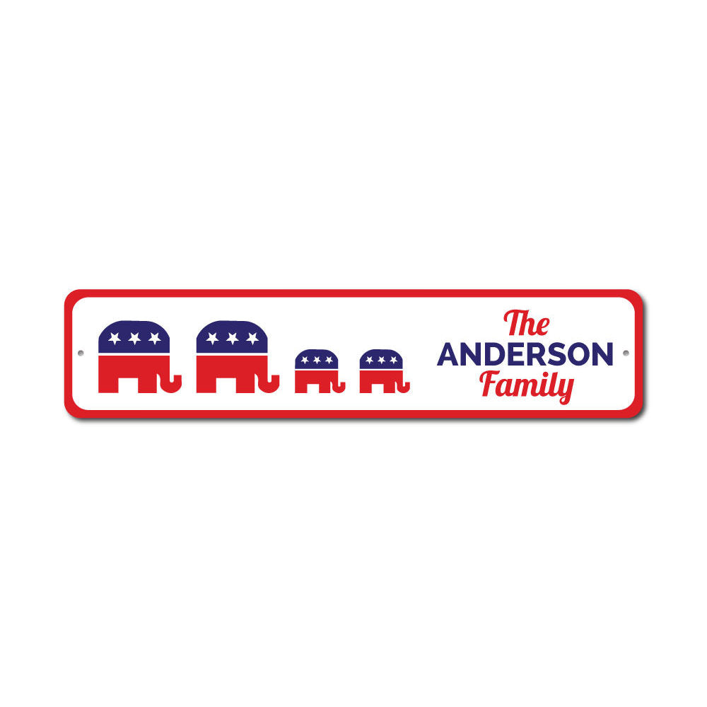 A high-quality Family Republican Political Sign made of aluminum, featuring customizable text and pre-drilled holes for easy mounting, showcasing patriotic colors.