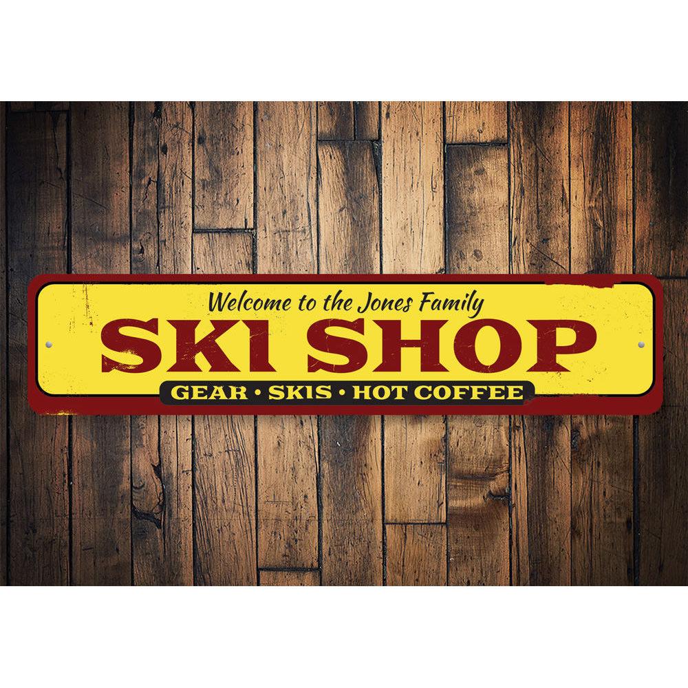 A decorative Family Ski Shop Sign made of high-quality aluminum, featuring customizable text and pre-drilled holes for easy mounting.