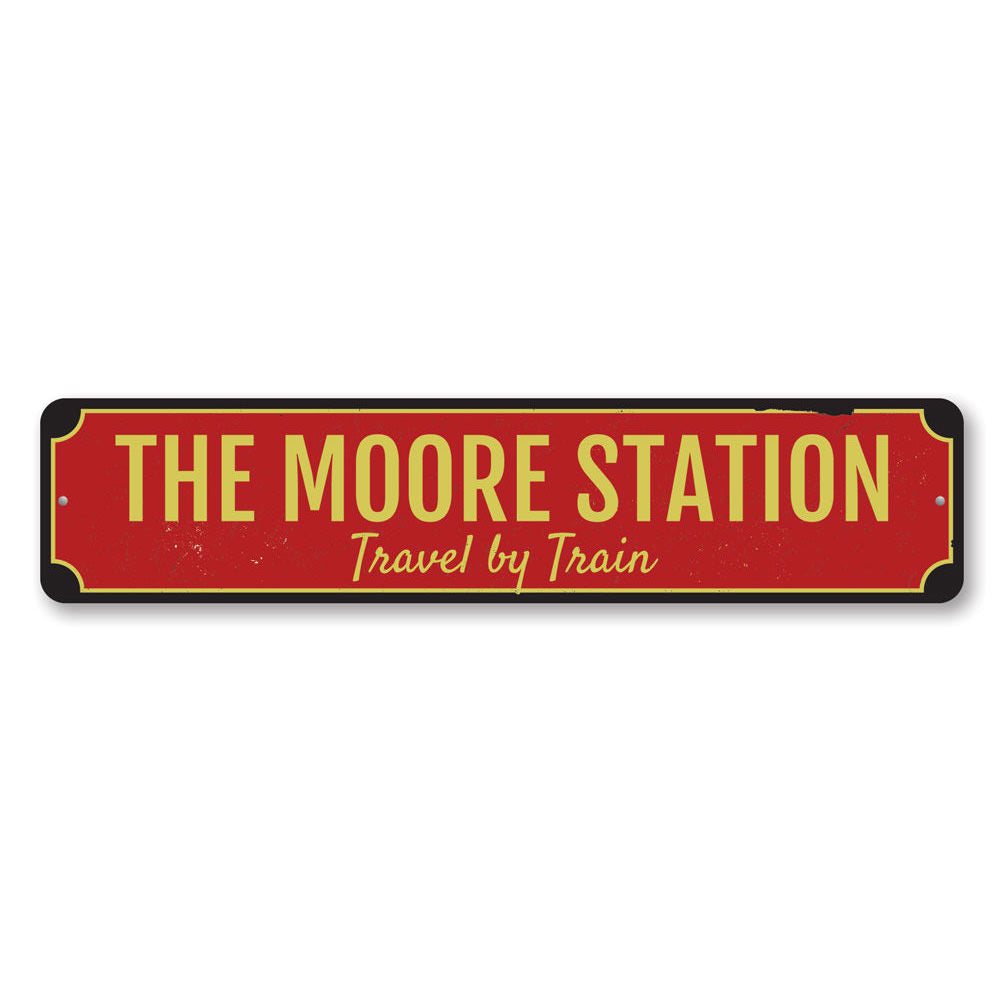 A decorative Family Train Station Sign made of high-quality aluminum, featuring customizable text options for a personal touch.