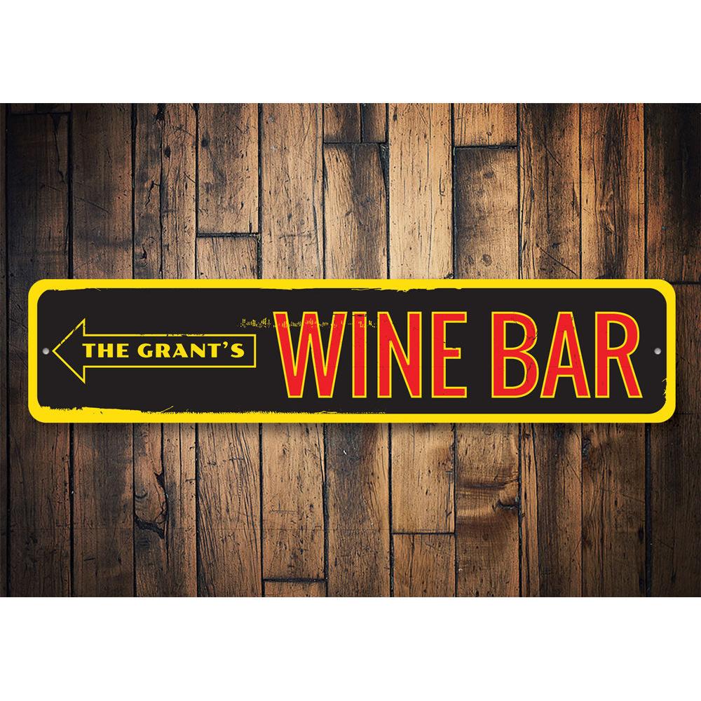 A decorative Family Wine Bar Sign made of high-quality aluminum, featuring customizable text and pre-drilled holes for easy mounting.