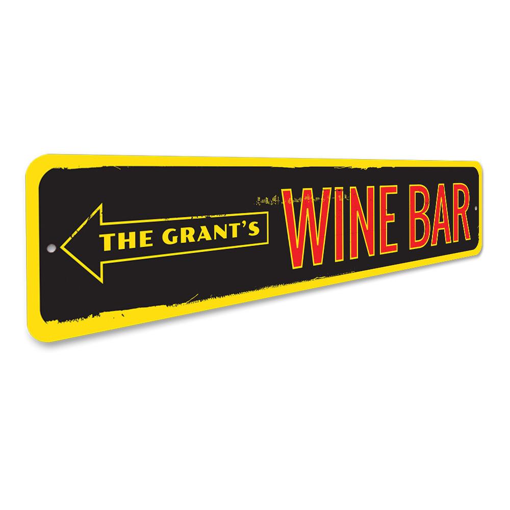 A decorative Family Wine Bar Sign made of high-quality aluminum, featuring customizable text and pre-drilled holes for easy mounting.