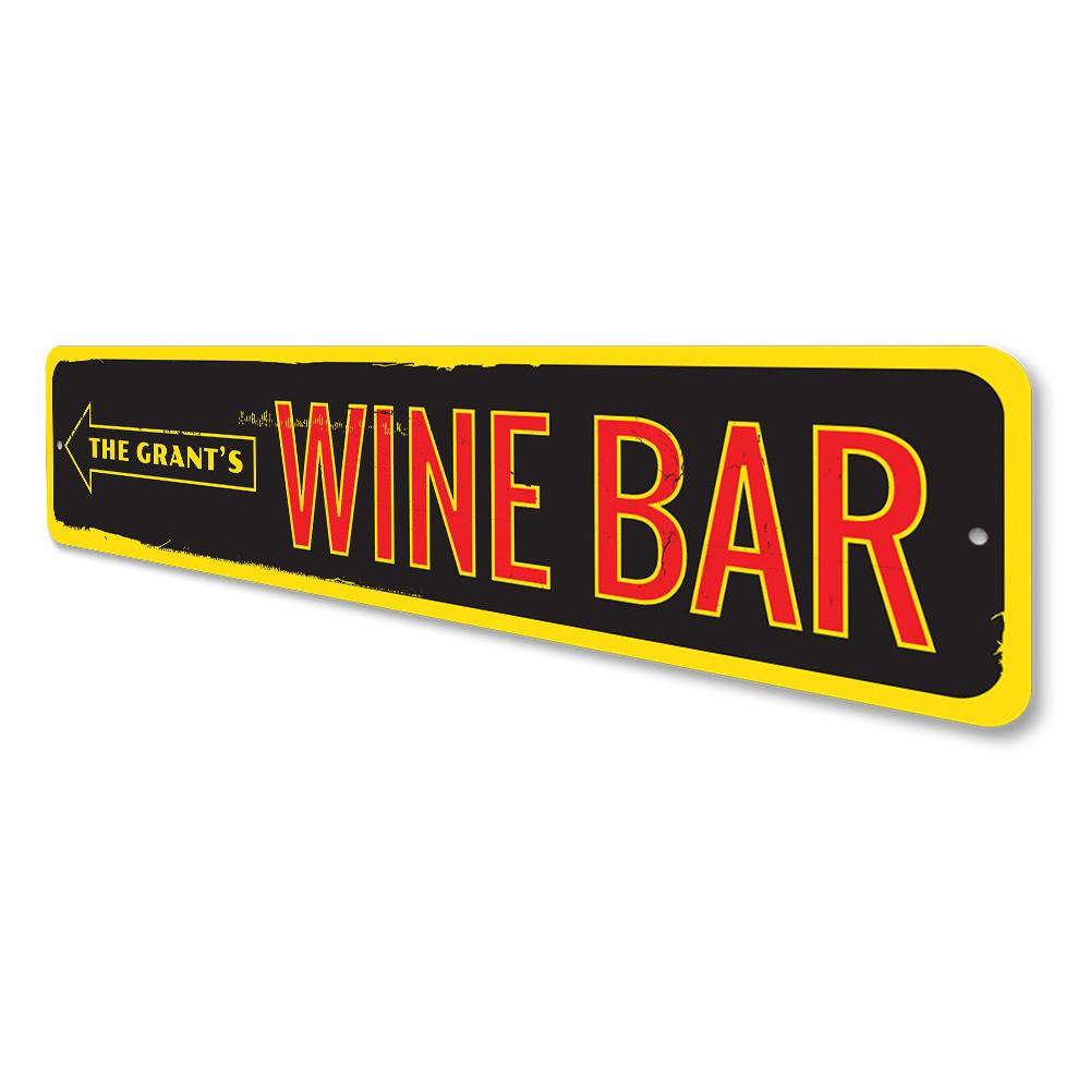 A decorative Family Wine Bar Sign made of high-quality aluminum, featuring customizable text and pre-drilled holes for easy mounting.