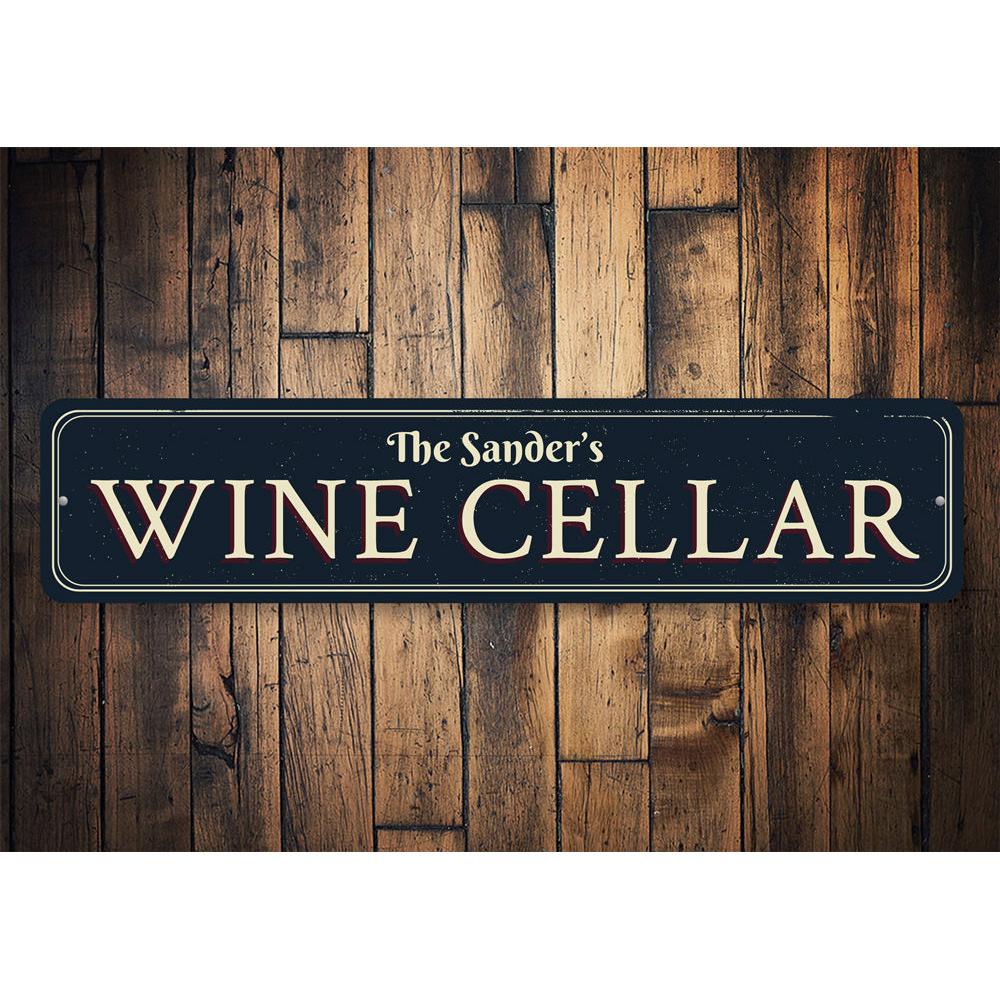 A decorative Family Wine Cellar Sign made of high-quality aluminum, featuring customizable text and a stylish design, perfect for wine enthusiasts.