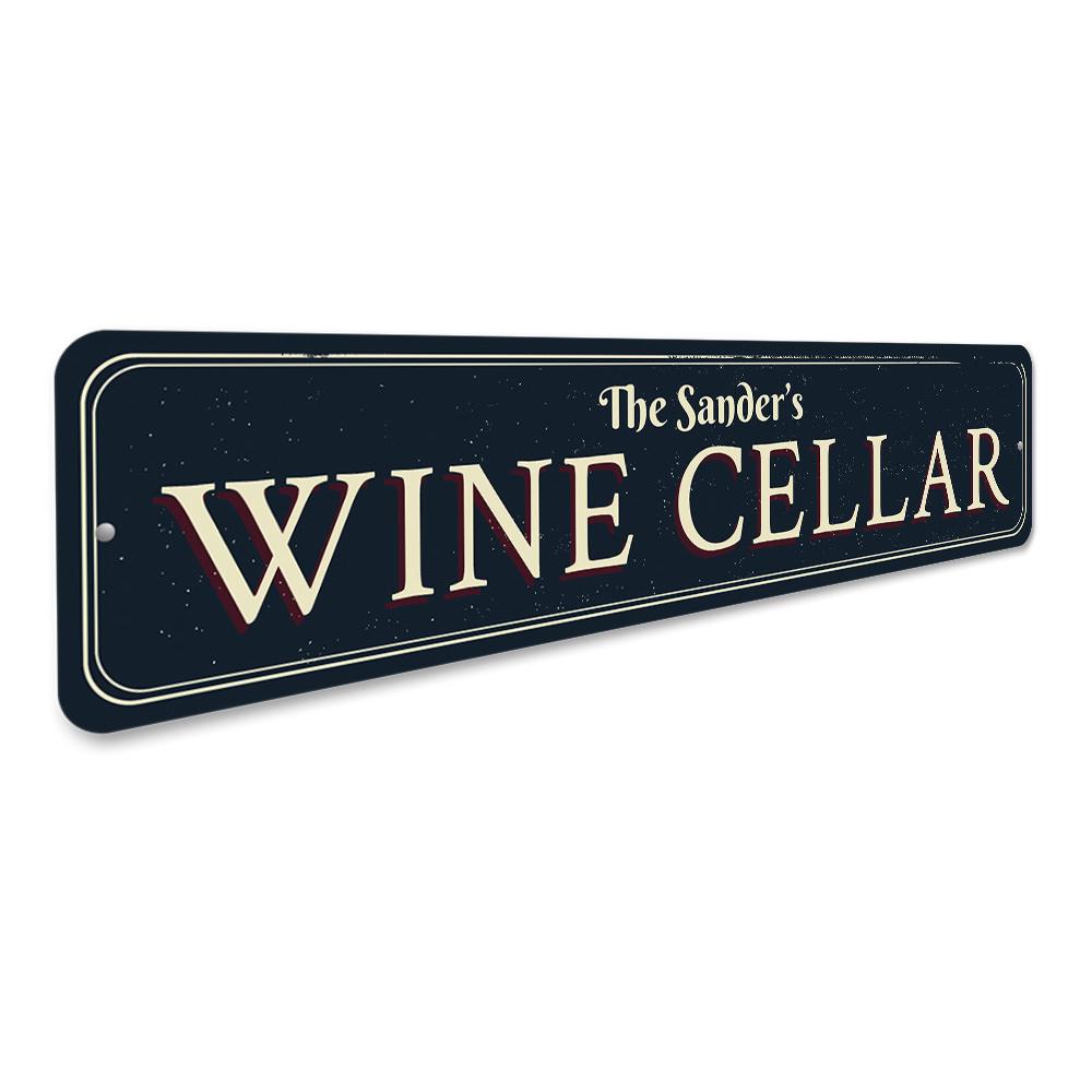 A decorative Family Wine Cellar Sign made of high-quality aluminum, featuring customizable text and a stylish design, perfect for wine enthusiasts.