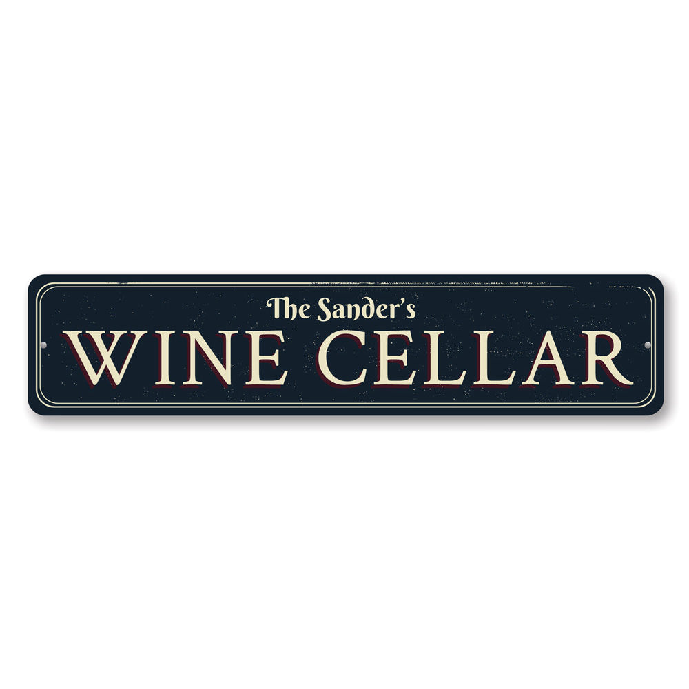 A decorative Family Wine Cellar Sign made of high-quality aluminum, featuring customizable text and a stylish design, perfect for wine enthusiasts.