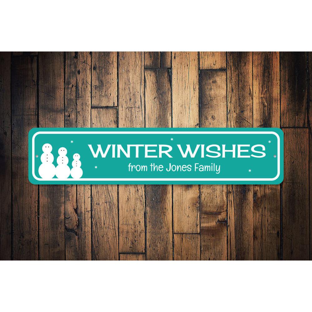 A decorative Family Winter Wishes Sign made of high-quality aluminum, featuring festive designs perfect for Christmas decorations.