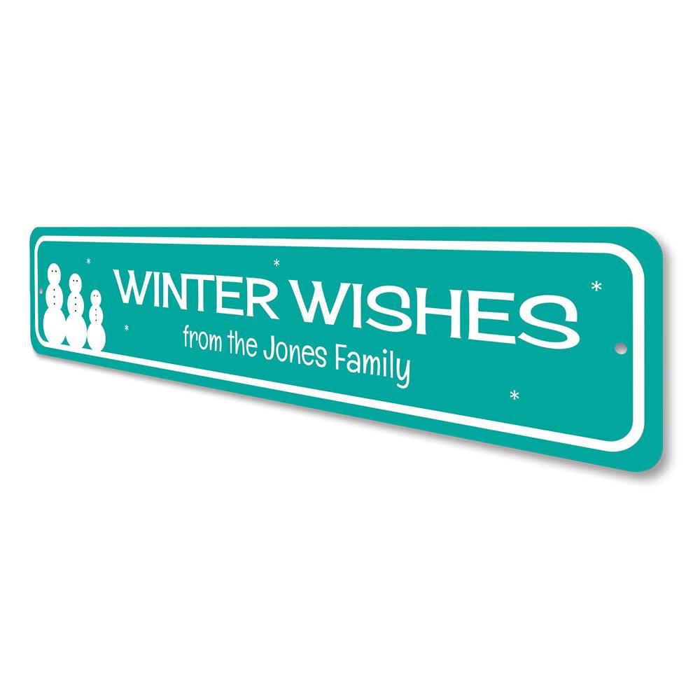 A decorative Family Winter Wishes Sign made of high-quality aluminum, featuring festive designs perfect for Christmas decorations.