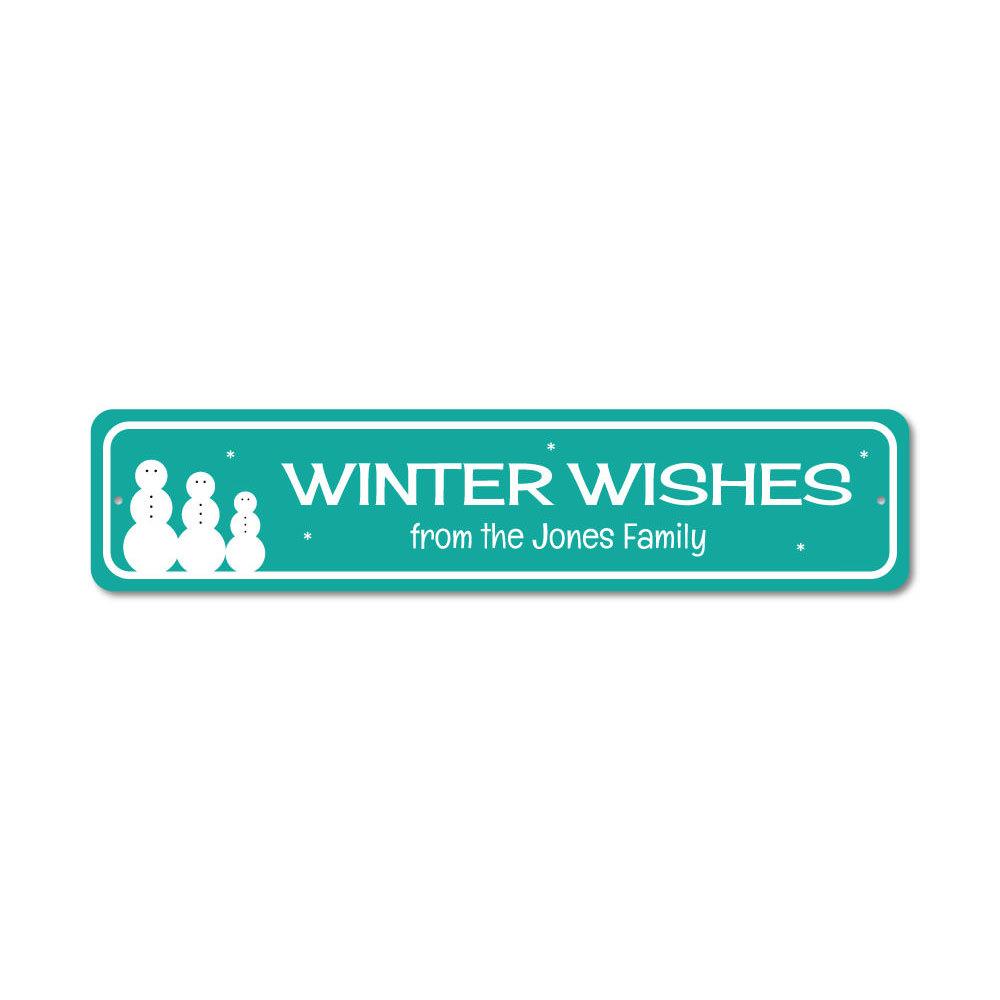 A decorative Family Winter Wishes Sign made of high-quality aluminum, featuring festive designs perfect for Christmas decorations.