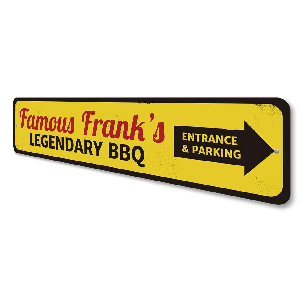 Famous BBQ Sign made of high-quality aluminum, featuring customizable text and pre-drilled holes for easy mounting.