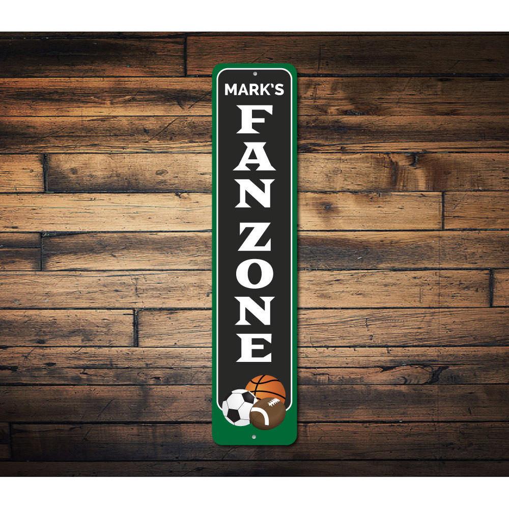 Fan Zone Vertical Sign made of high-quality aluminum, customizable with personal text, featuring pre-drilled holes for easy mounting.