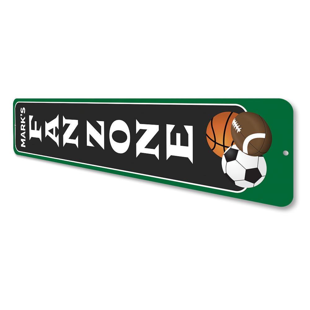 Fan Zone Vertical Sign made of high-quality aluminum, customizable with personal text, featuring pre-drilled holes for easy mounting.