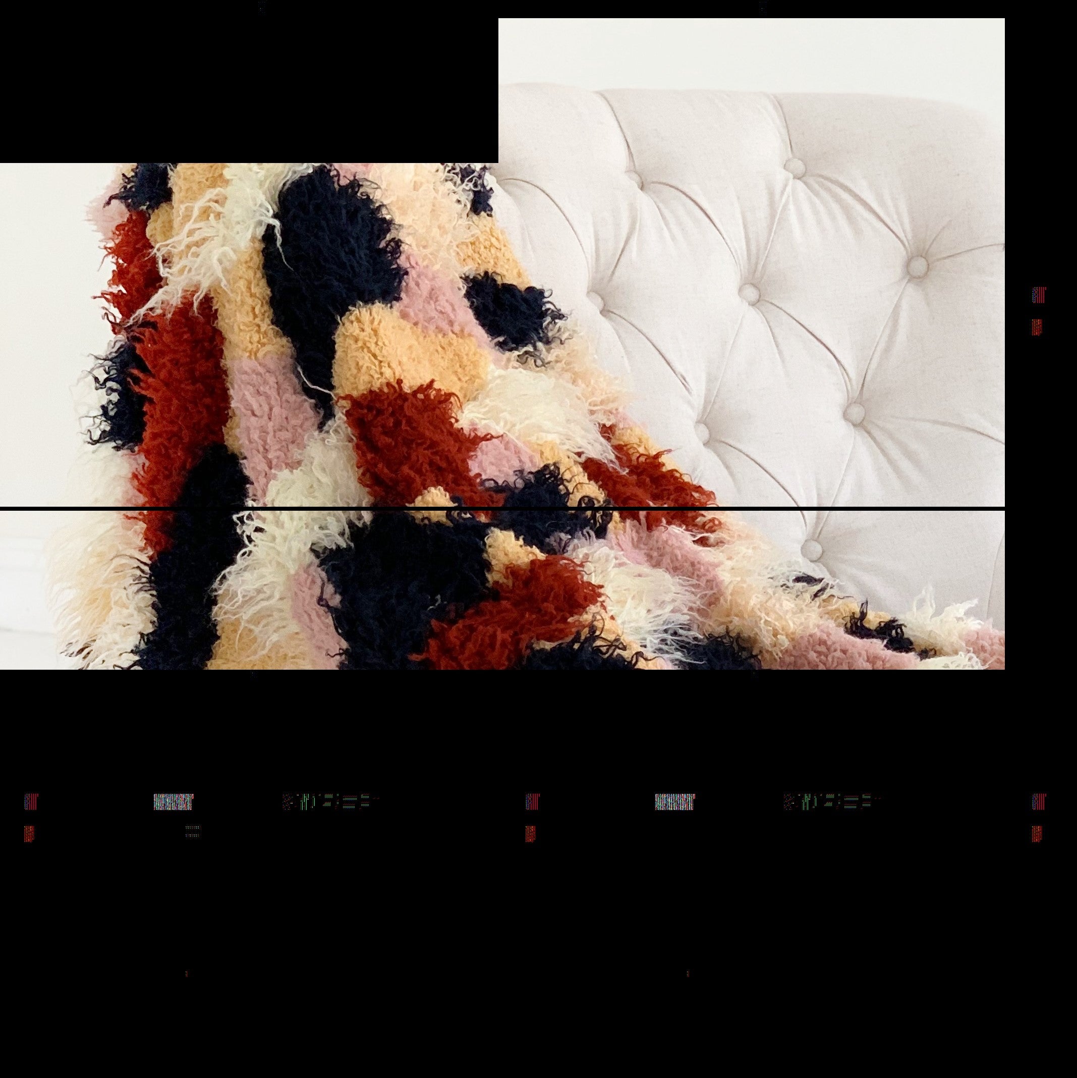 Fanciful Boho Plush Handmade Luxury Faux Fur Throw in vibrant red, white, and blue colors, showcasing its plush texture and reversible design.