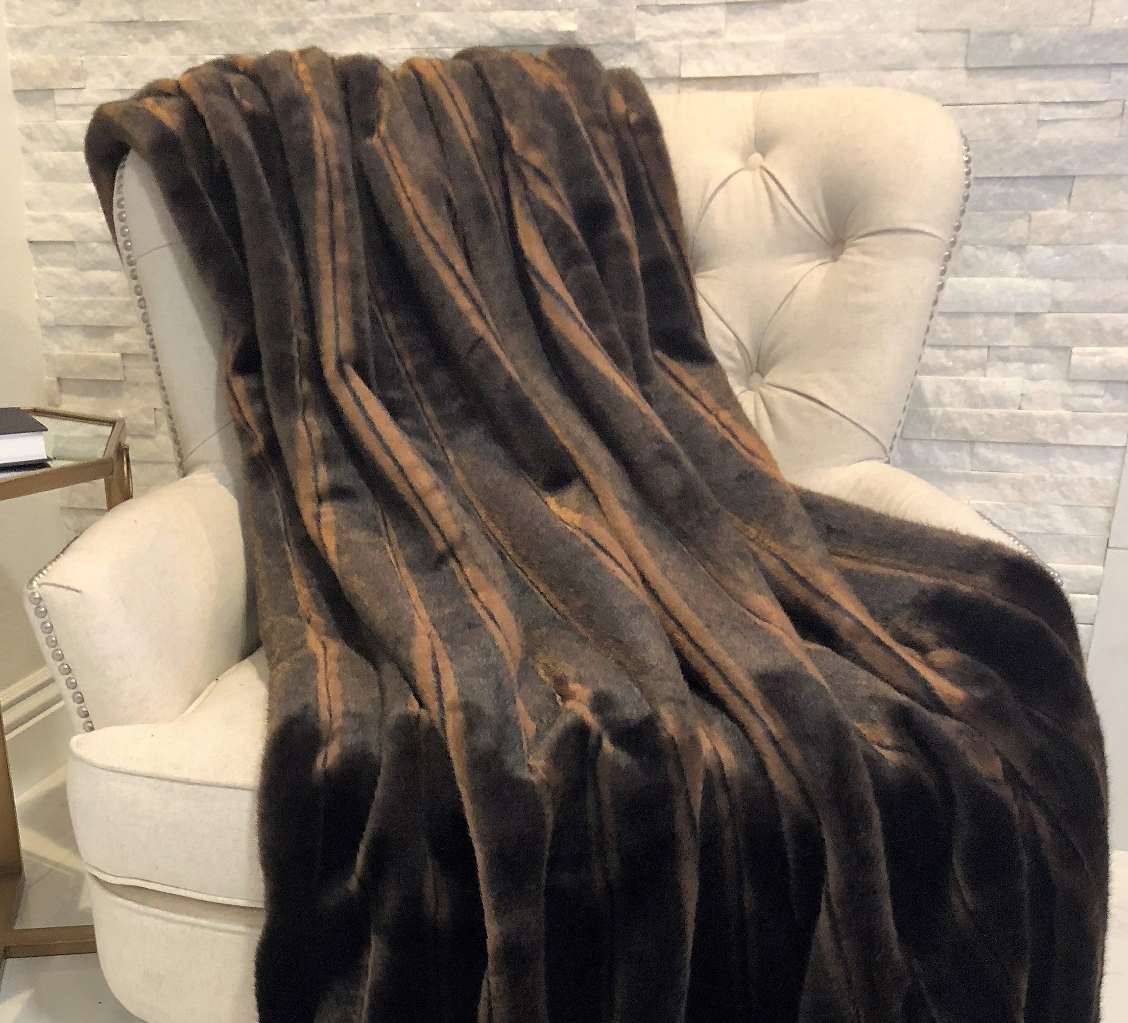 Fancy Brown Mink Handmade Luxury Throw featuring soft faux fur in light and dark brown shades with a plush chocolate microfiber backing.