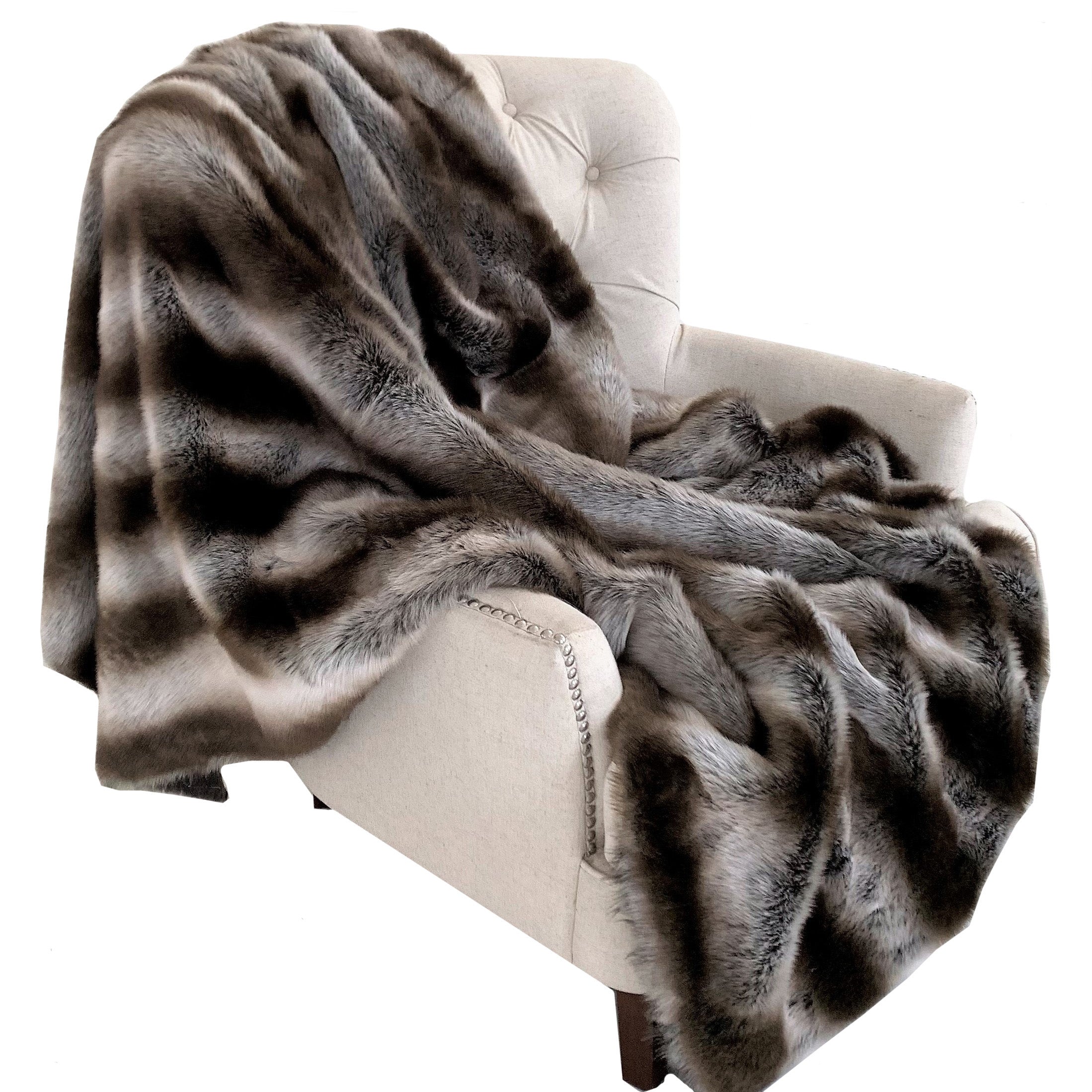 Fancy Gray Silver Chinchilla Faux Fur Handmade Luxury Throw showcasing its plush texture and reversible design in silver and gray colors.