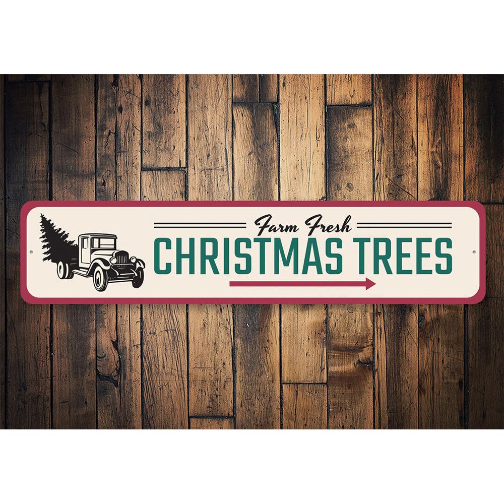 Farm Fresh Christmas Trees Sign made of high-quality aluminum, featuring a festive design perfect for holiday decor.