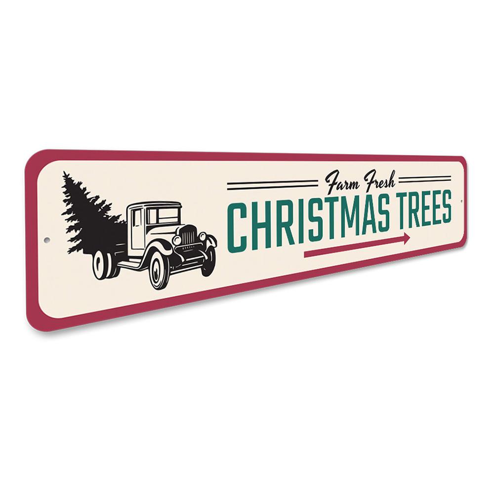 Farm Fresh Christmas Trees Sign made of high-quality aluminum, featuring a festive design perfect for holiday decor.