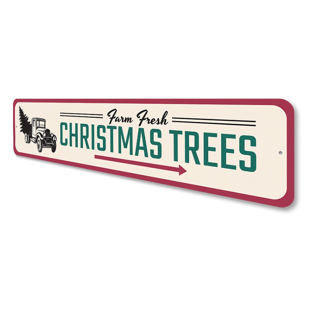 Farm Fresh Christmas Trees Sign made of high-quality aluminum, featuring a festive design perfect for holiday decor.