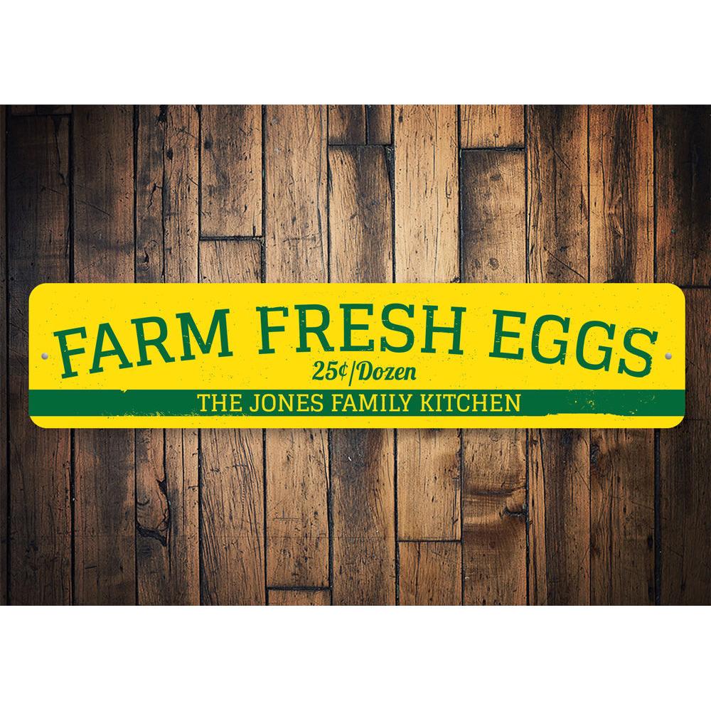 Farm Fresh Eggs Sign made of high-quality aluminum, featuring customizable text and pre-drilled holes for easy mounting.