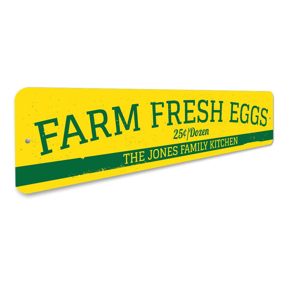 Farm Fresh Eggs Sign made of high-quality aluminum, featuring customizable text and pre-drilled holes for easy mounting.