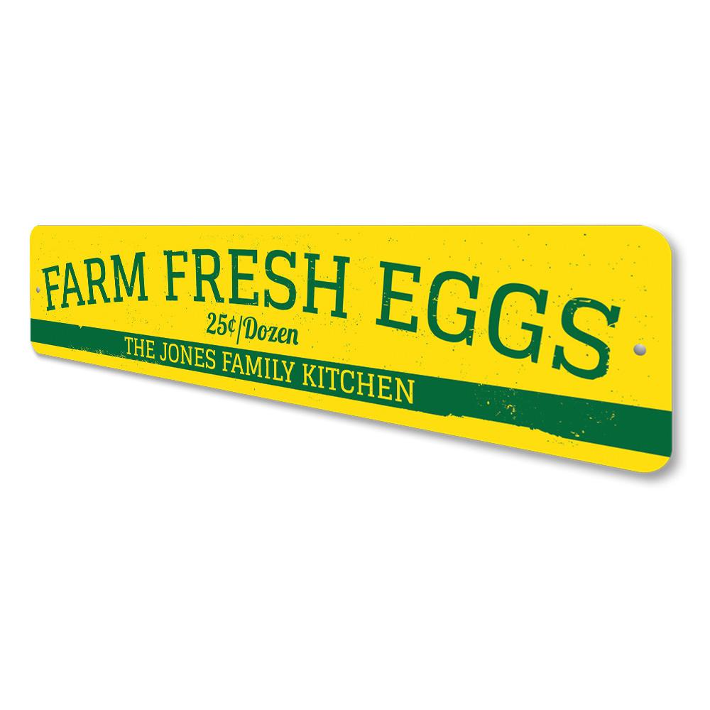 Farm Fresh Eggs Sign made of high-quality aluminum, featuring customizable text and pre-drilled holes for easy mounting.