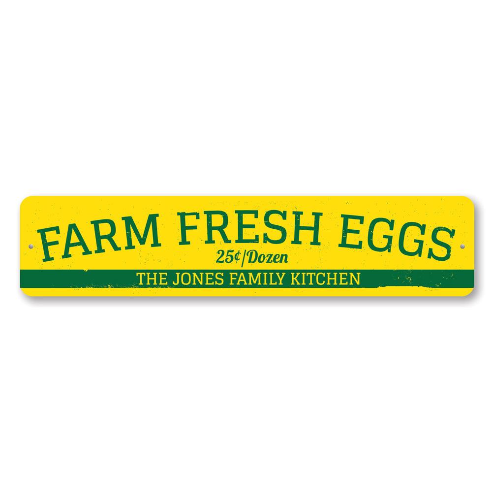 Farm Fresh Eggs Sign made of high-quality aluminum, featuring customizable text and pre-drilled holes for easy mounting.