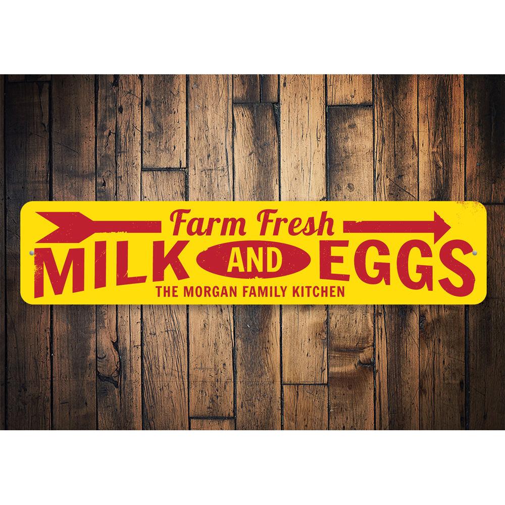 Farm Fresh Milk & Eggs decorative sign made of high-quality aluminum, featuring rustic design elements suitable for kitchen or dining area decor.