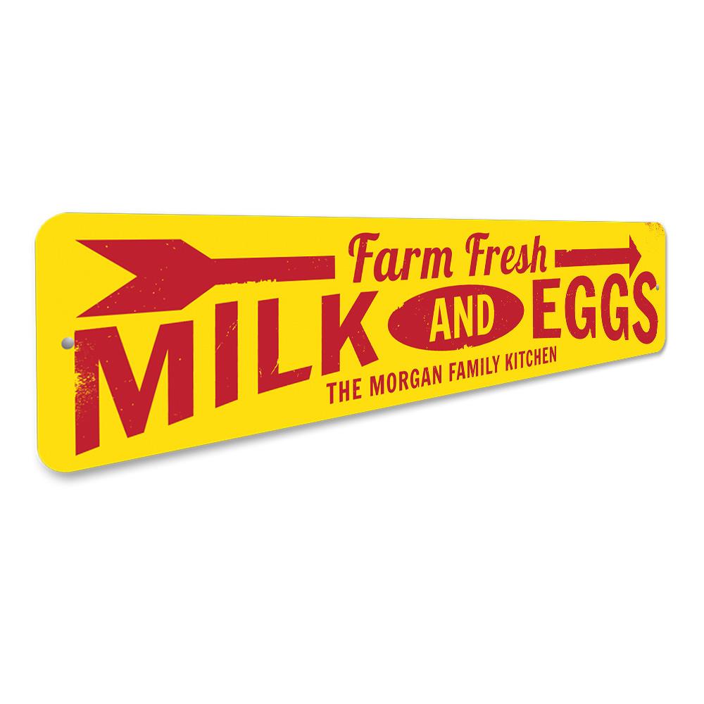 Farm Fresh Milk & Eggs decorative sign made of high-quality aluminum, featuring rustic design elements suitable for kitchen or dining area decor.