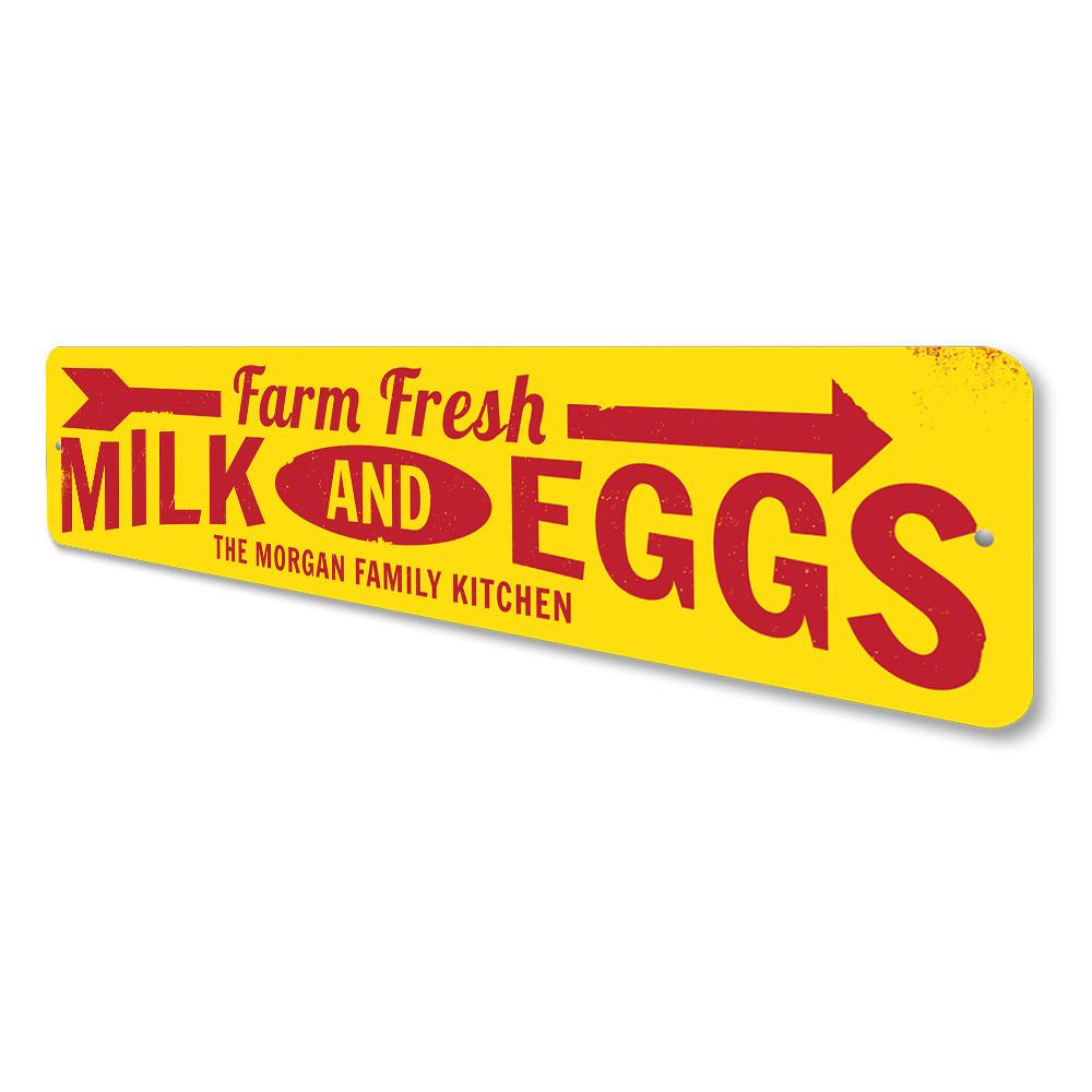 Farm Fresh Milk & Eggs decorative sign made of high-quality aluminum, featuring rustic design elements suitable for kitchen or dining area decor.