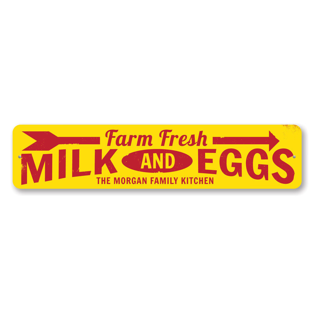 Farm Fresh Milk & Eggs decorative sign made of high-quality aluminum, featuring rustic design elements suitable for kitchen or dining area decor.