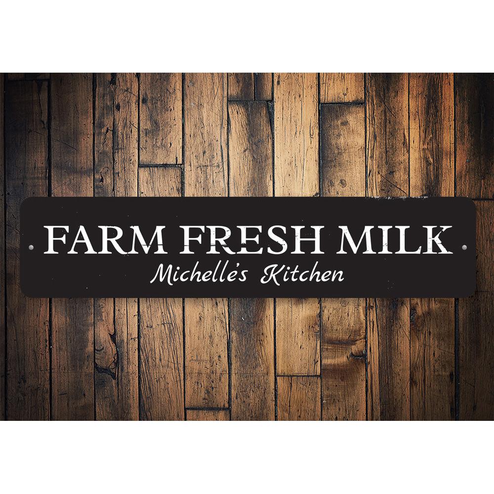 Farm Fresh Milk Sign made of high-quality aluminum, featuring rustic design elements suitable for home decor.