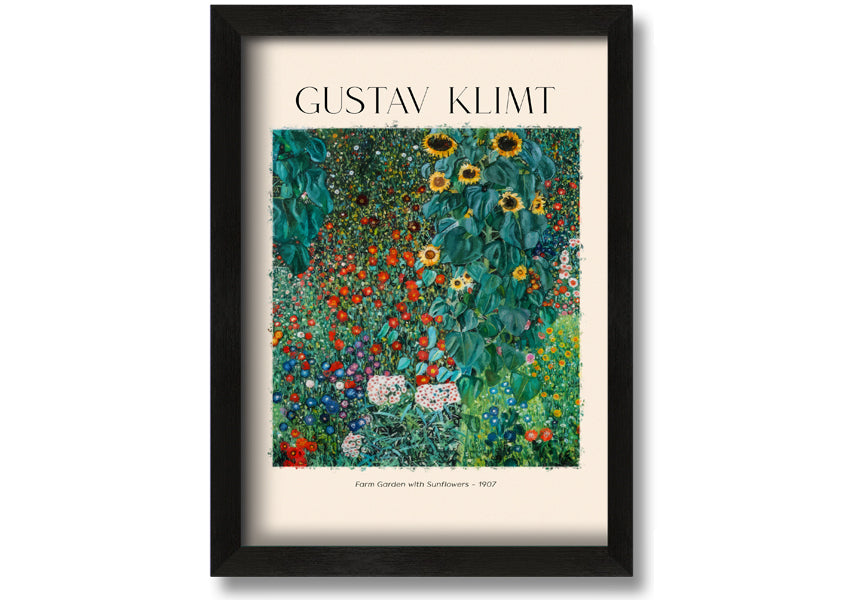 A vibrant canvas print of Farm Garden With Sunflowers by Gustav Klimt, featuring bright yellow sunflowers against a lush green background, mounted on a sturdy frame.