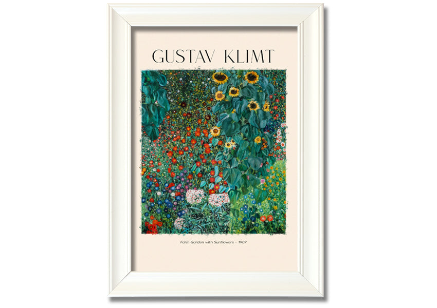 A vibrant canvas print of Farm Garden With Sunflowers by Gustav Klimt, featuring bright yellow sunflowers against a lush green background, mounted on a sturdy frame.