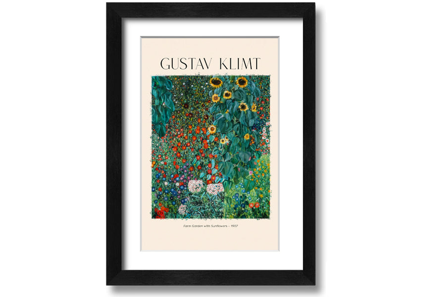 A vibrant canvas print of Farm Garden With Sunflowers by Gustav Klimt, featuring bright yellow sunflowers against a lush green background, mounted on a sturdy frame.