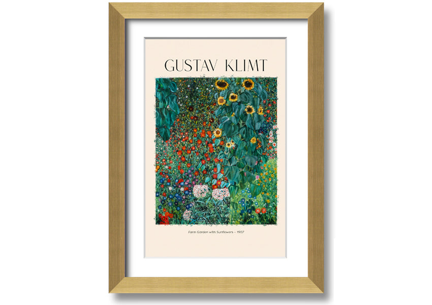 A vibrant canvas print of Farm Garden With Sunflowers by Gustav Klimt, featuring bright yellow sunflowers against a lush green background, mounted on a sturdy frame.