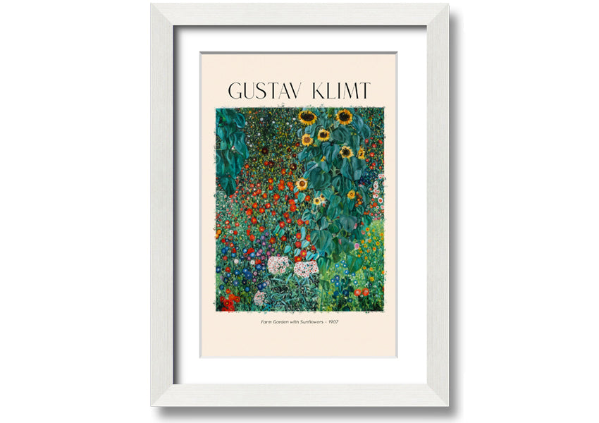 A vibrant canvas print of Farm Garden With Sunflowers by Gustav Klimt, featuring bright yellow sunflowers against a lush green background, mounted on a sturdy frame.