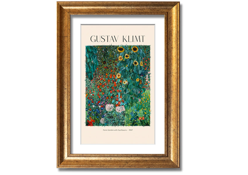 A vibrant canvas print of Farm Garden With Sunflowers by Gustav Klimt, featuring bright yellow sunflowers against a lush green background, mounted on a sturdy frame.