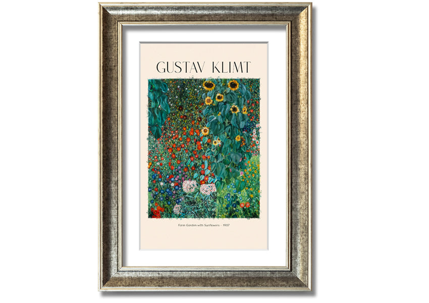 A vibrant canvas print of Farm Garden With Sunflowers by Gustav Klimt, featuring bright yellow sunflowers against a lush green background, mounted on a sturdy frame.