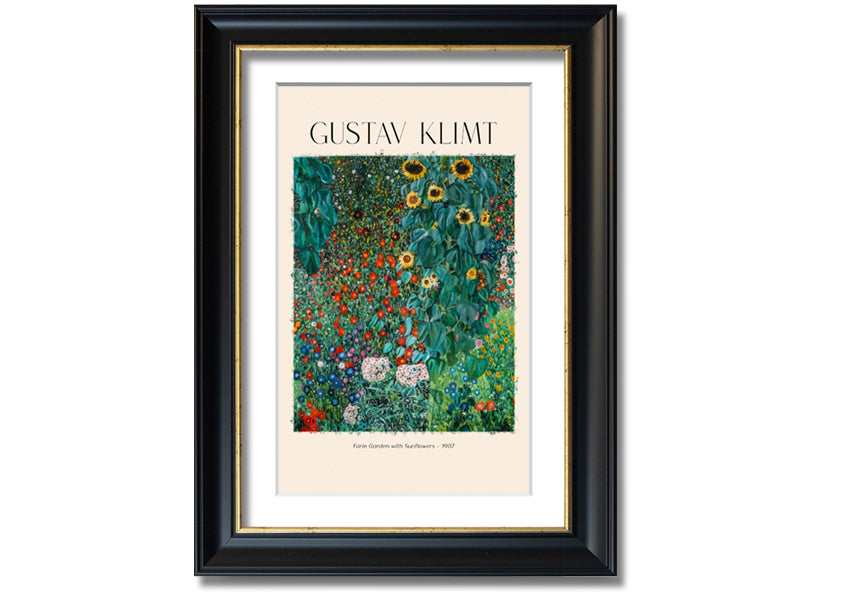 A vibrant canvas print of Farm Garden With Sunflowers by Gustav Klimt, featuring bright yellow sunflowers against a lush green background, mounted on a sturdy frame.