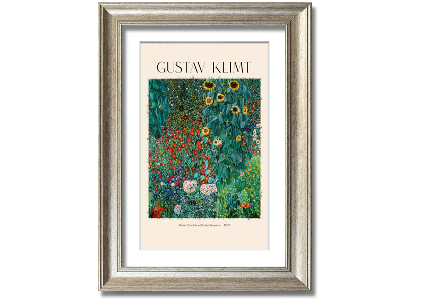 A vibrant canvas print of Farm Garden With Sunflowers by Gustav Klimt, featuring bright yellow sunflowers against a lush green background, mounted on a sturdy frame.