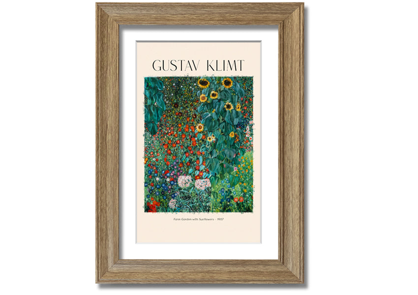 A vibrant canvas print of Farm Garden With Sunflowers by Gustav Klimt, featuring bright yellow sunflowers against a lush green background, mounted on a sturdy frame.